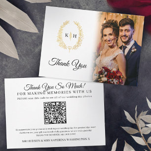 Guld oval löv svartvit bröllop-foto QR-kod Tack Kort