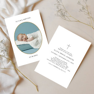 Guld Oval Photo Black & White Infant Baptism Inbjudningar