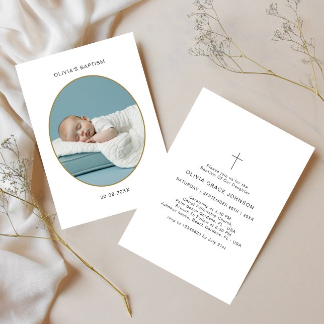 Guld Oval Photo Black & White Infant Baptism Inbjudningar (Skapare uppladdad)