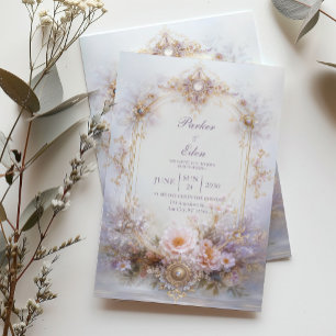 Guld oval ram Röda Florala Smycken Elegant Bröllop Inbjudningar