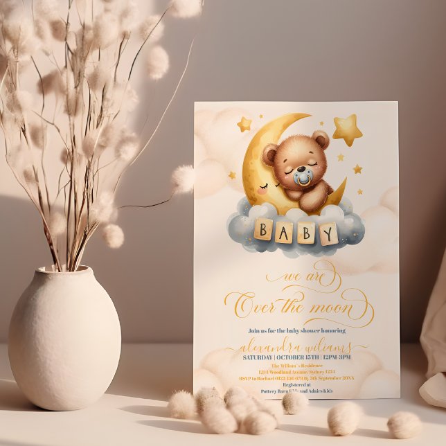 Guld över Måne Nalle Baby Shower Inbjudningar (Skapare uppladdad)