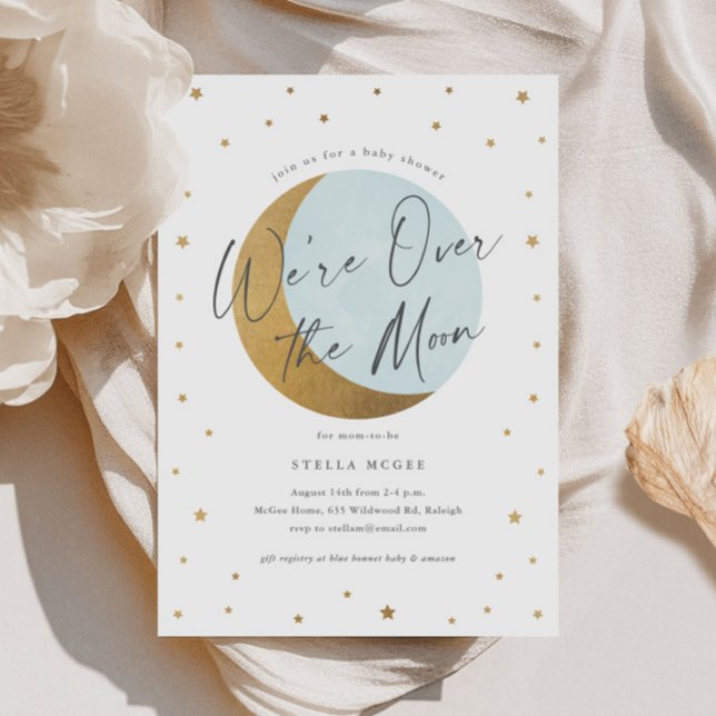 Guld över Måne Script Boys Baby Shower Inbjudningar (Gold Over the Moon Script Boys Baby Shower Invitations.)
