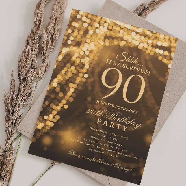Guld | Överraskningsfest för 90-årsdag  Inbjudningar (Gold | Surprise 90th Birthday Party Invitation)