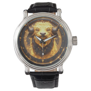 Guld Oxe Tjür Nedanför en Cirkulär Zodiak Hjul Armbandsur