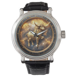 Guld Oxen Tjuren Inom en Cirkulär Zodiak Hjul Armbandsur