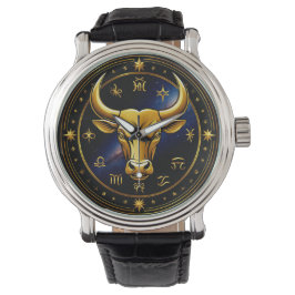 Guld Oxen Tjuren Inom en Cirkulär Zodiak Hjul Armbandsur