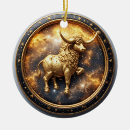 Guld Oxen Tjuren Inom en Cirkulär Zodiak Hjul Julgransprydnad Keramik