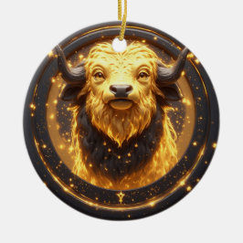 Guld Oxen Tjuren Inom en Cirkulär Zodiak Hjul Julgransprydnad Keramik