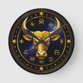 Guld Oxen Tjuren Inom en Cirkulär Zodiak Hjul Rund Klocka