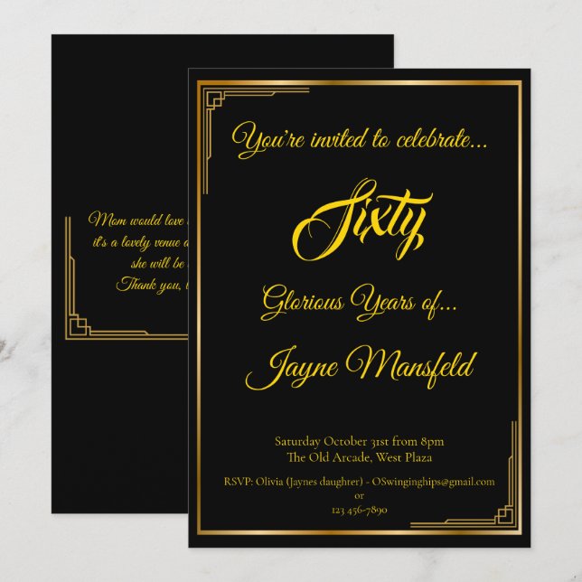 Guld på Black Art Deco Födelsedagsfest inbjudan (Fram/baksida)