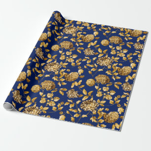 Guld på den marinblåa moderna vintageblommigten presentpapper