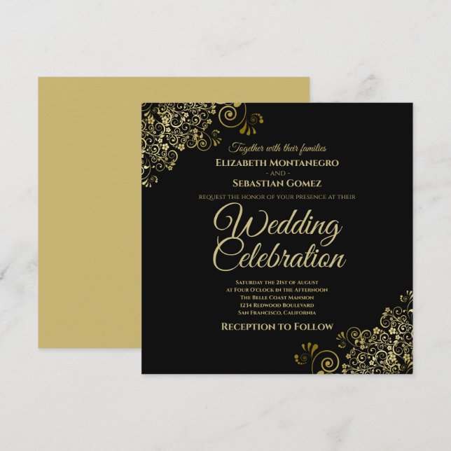 Guld på den svarta, enkla Eleganten Bröllop Inbjudningar (Fram/baksida)