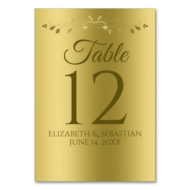 Guld på Guld Elegant Filigree Flourish Bröllop Bordsnummer (Framsidan)