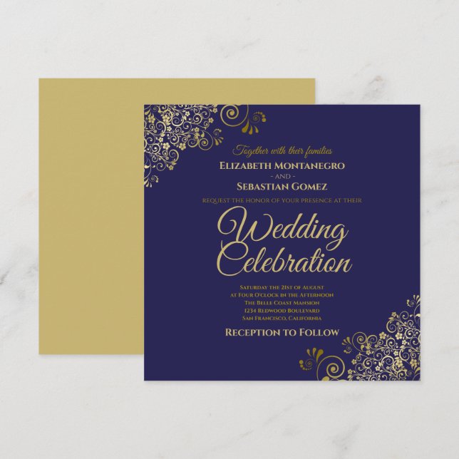 Guld på marinens enkla Elegant Bröllop Inbjudningar (Fram/baksida)