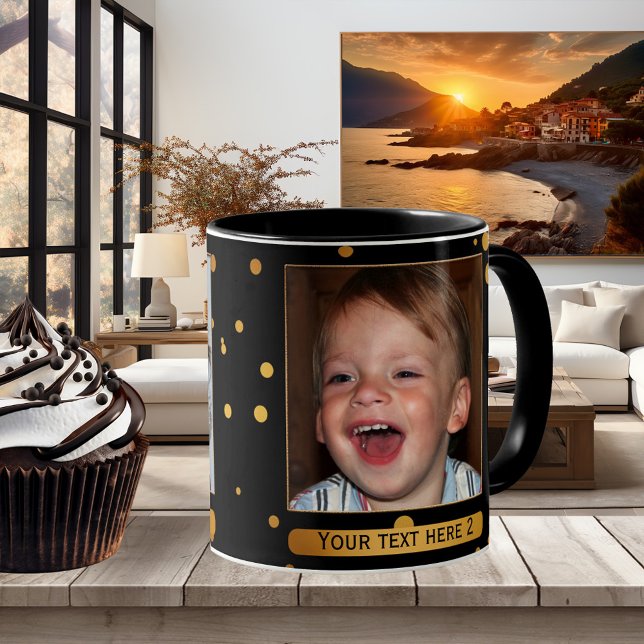 Guld på Personligen Black Confetti Photo Mugg (Festive photo mug in black with gold confetti dots and your own favorite photos)