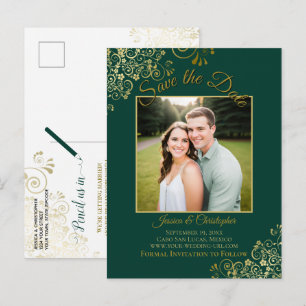Guld på smaragdgrön bröllopsfoto för Save the Date Meddelande Vykort