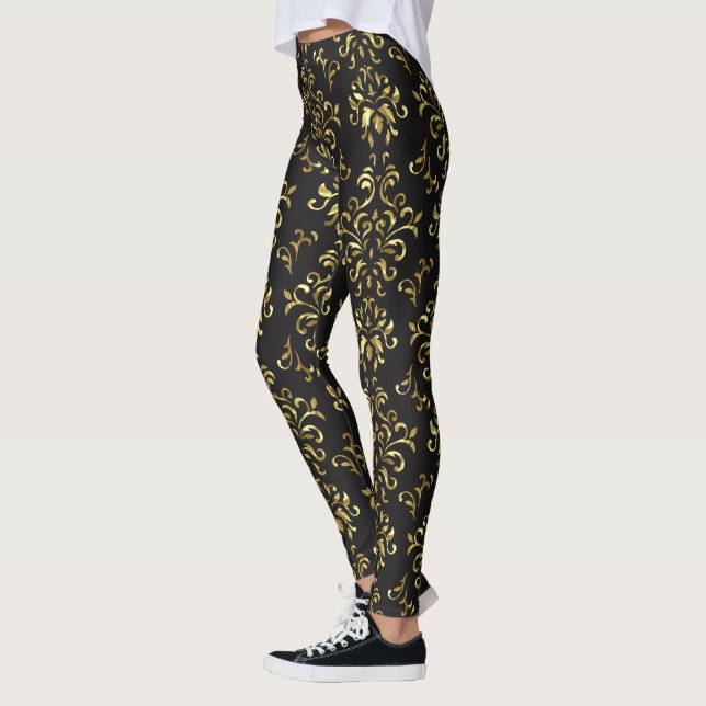 Guld på Svarta Blommigten Damasker Mönster Leggings (Vänster)