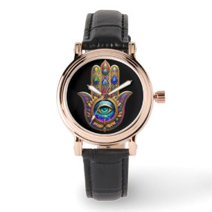 Guld Påfågel Färger Hamsa Grön Safir Tredje Ögat Armbandsur