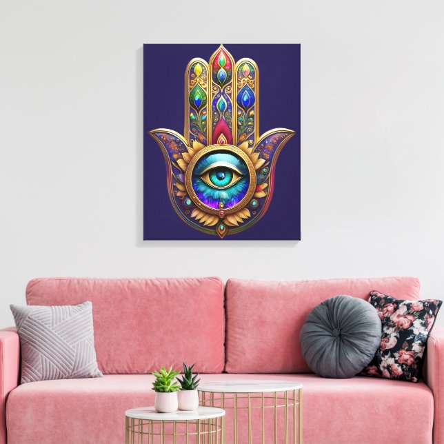Guld Påfågel Färger Hamsa Grön Safir Tredje Ögat Canvastryck (Insitu (Vardagsrum))