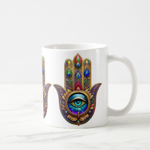 Guld Påfågel Färger Hamsa Grön Safir Tredje Ögat Kaffemugg