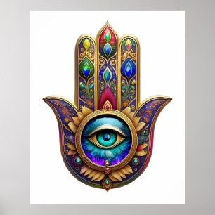 Guld Påfågel Färger Hamsa Grön Safir Tredje Ögat Poster