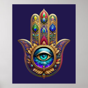 Guld Påfågel Färger Hamsa Grön Safir Tredje Ögat Poster