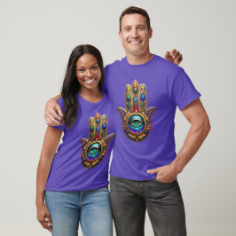Guld Påfågel Färger Hamsa Grön Safir Tredje Ögat T Shirt