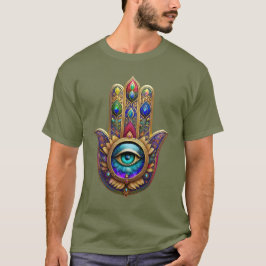 Guld Påfågel Färger Hamsa Grön Safir Tredje Ögat T Shirt