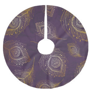 Guld påfågelfjäder, violett bakgrund. julgransmatta borstad polyester