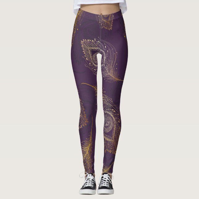 Guld påfågelfjäder, violett bakgrund. leggings (Framsida)