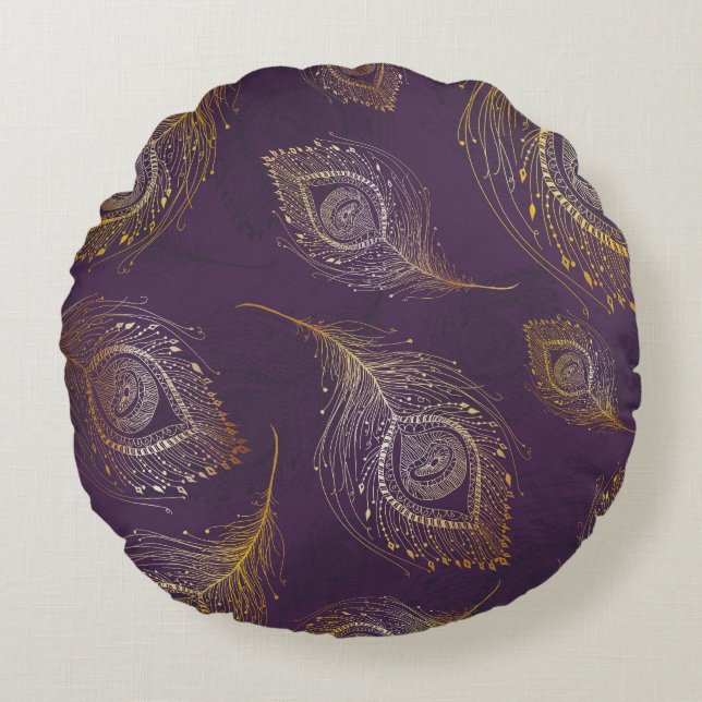 Guld påfågelfjäder, violett bakgrund. rund kudde (Framsidan)