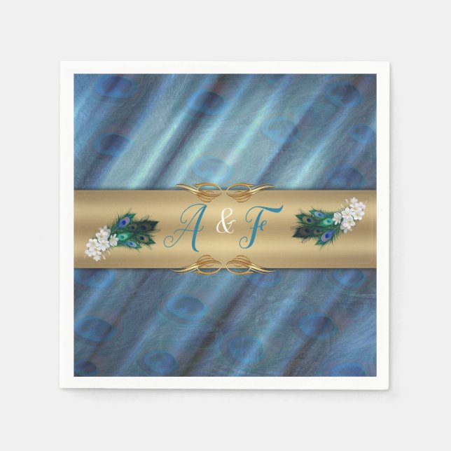 Guld, påfågelsfjädrar på smaragdgrön silke pappersservett (Framsidan)