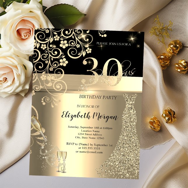 Guld Pailletter Klänning Glas Blommor 30-års Födel Inbjudningar (Skapare uppladdad)