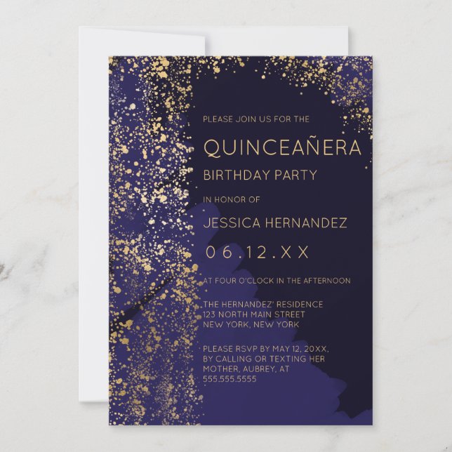 Guld Paint Splatter Brushstroke Quinceañera Inbjudningar (Framsida)