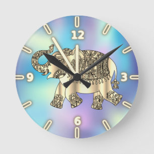 Guld Paisley Blommig Elefant,Blå Holografisk Rund Klocka