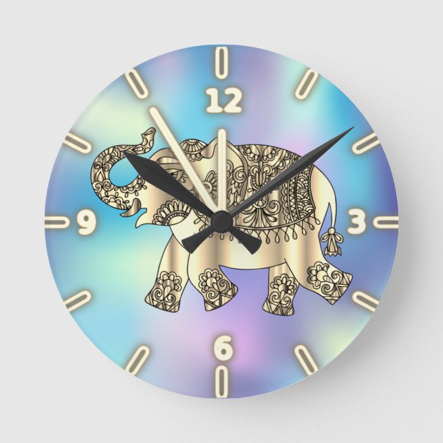 Guld Paisley Blommig Elefant,Blå Holografisk Rund Klocka (Framsida)