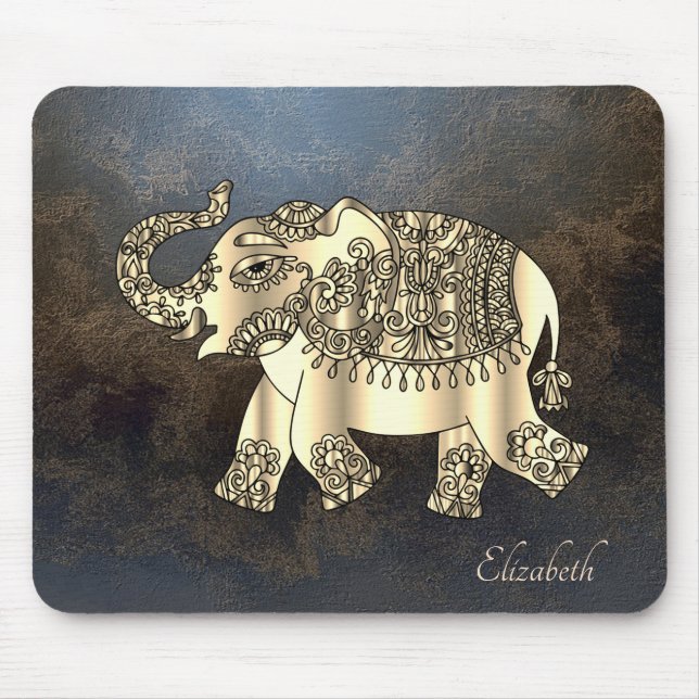 Guld Paisley Blommig Elefant, Läderlook Musmatta (Framsidan)