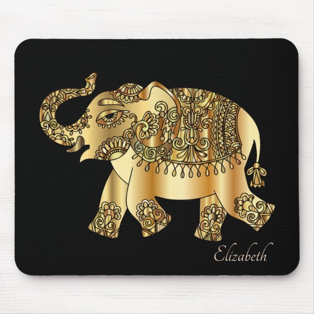 Guld Paisley Blommig Elefant- Personlig Musmatta (Framsidan)