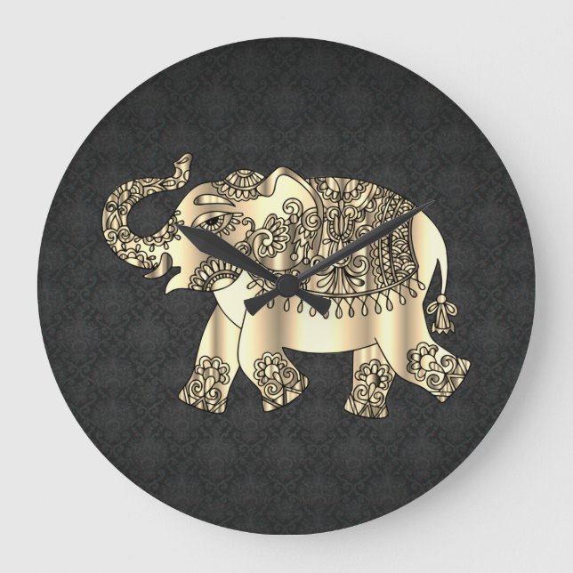 Guld Paisley Blommigt Elephant,Black Damask Stor Klocka (Framsida)