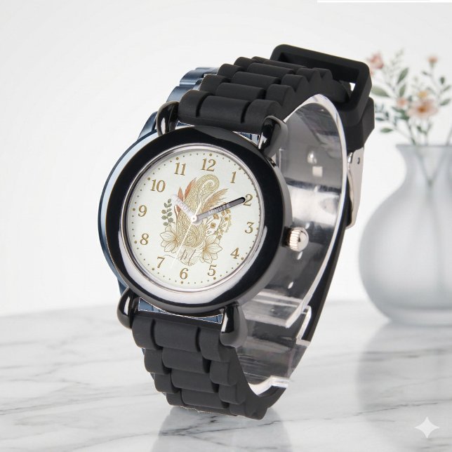 Guld Paisley Boho Konst Elegant Monogram Bröllop Armbandsur (Golden Paisley Boho Art Elegant Monogram Wedding Watch)