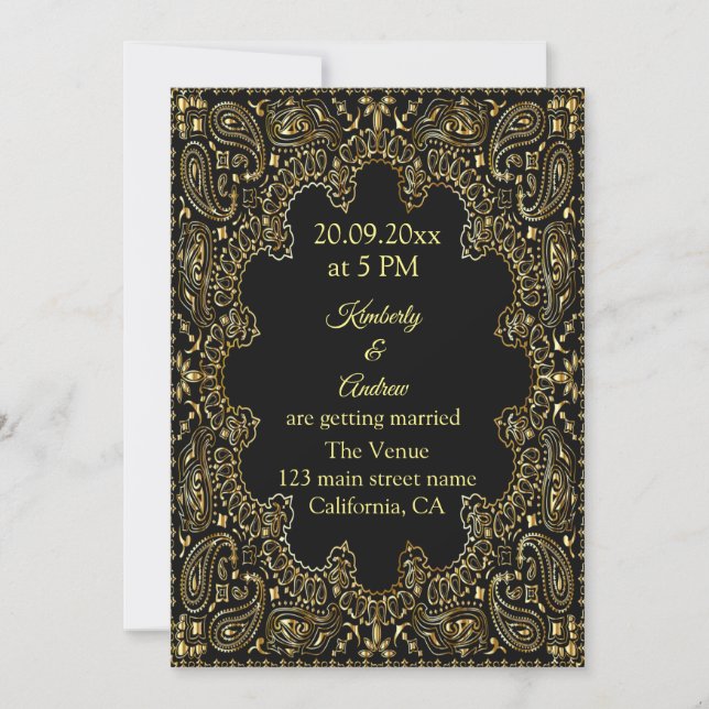 Guld Paisley Line Art Wedding bjudande Inbjudningar (Framsida)