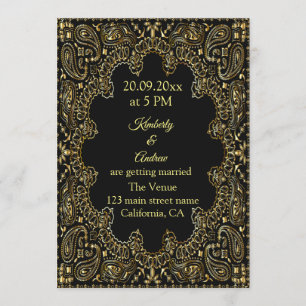 Guld Paisley Line Art Wedding bjudande Inbjudningar