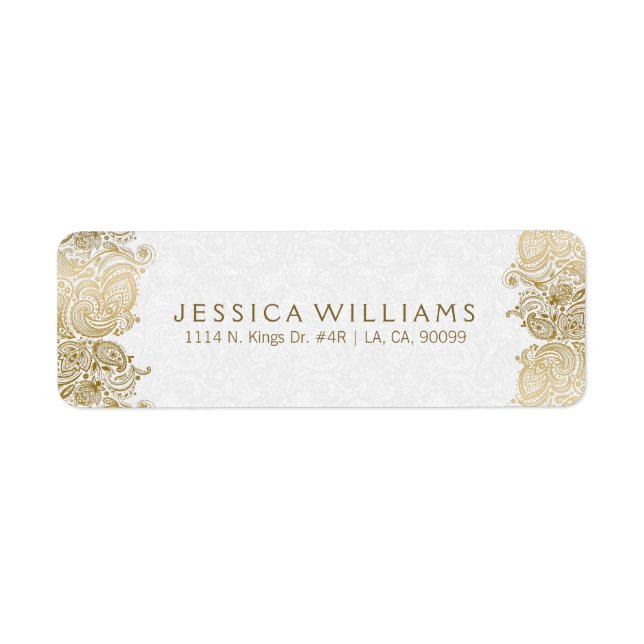 Guld Paisley Snöre vid White Returadress Etikett (Framsidan)