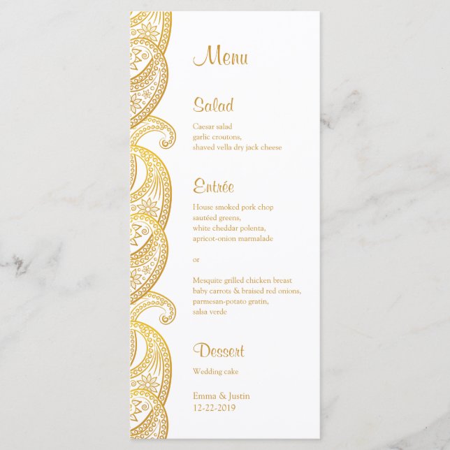 Guld Paisley Traditional Indian Bröllop Rackcard Meny (Framsida)