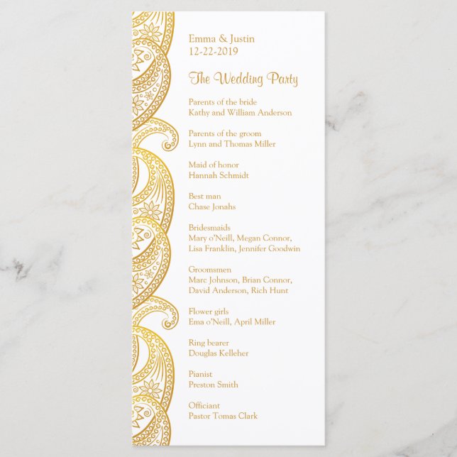 Guld Paisley Traditional Indian Bröllop Rackcard Program (Framsida)
