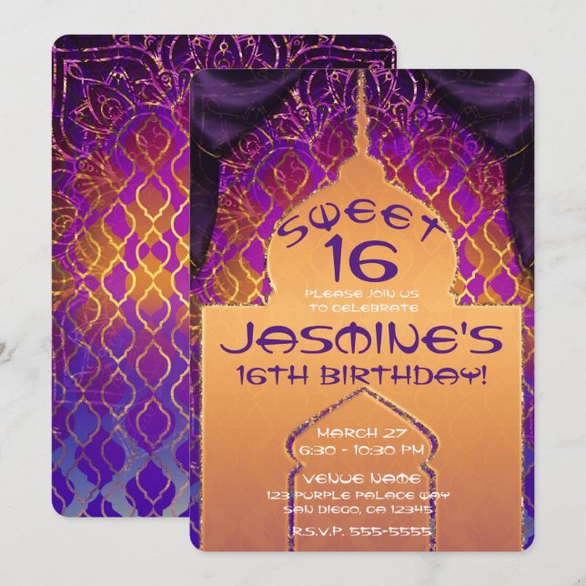 Guld Palace Arabian Nights Sweet 16 Birthday Inbjudningar (Fram/baksida)
