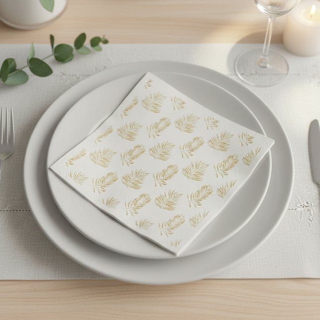 Guld Palmblad, minimalistisk vit bröllopsservett Pappersservett (Gold Palm Leaf, minimalist white Wedding Napkin.)
