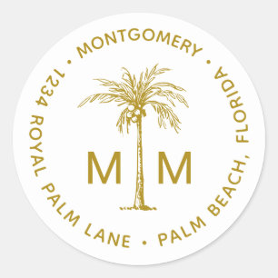 Guld Palmträd Monogram Tropisk Returadress Runt Klistermärke