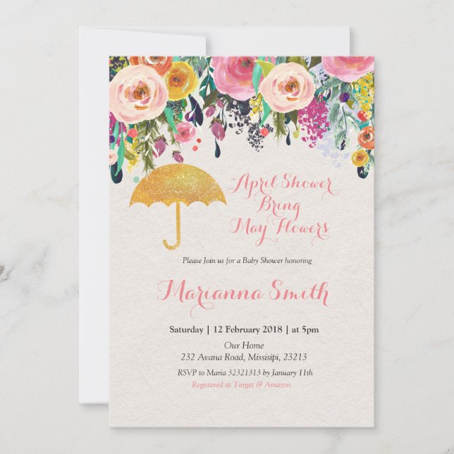 Guld Paraply April Shower Take May Flowers Inbjudningar (Framsida)