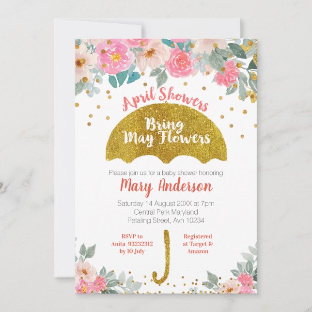 Guld paraplyapril Blommor för maj-blommor Inbjudningar (Framsida)